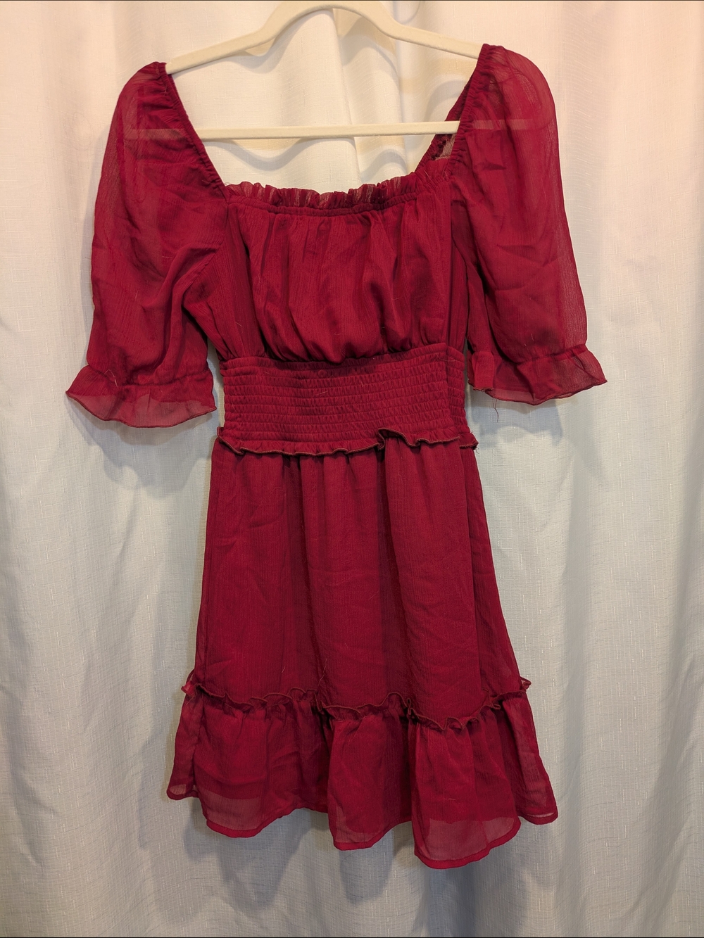 Wine-Red Puff Sleeve Mini Dress